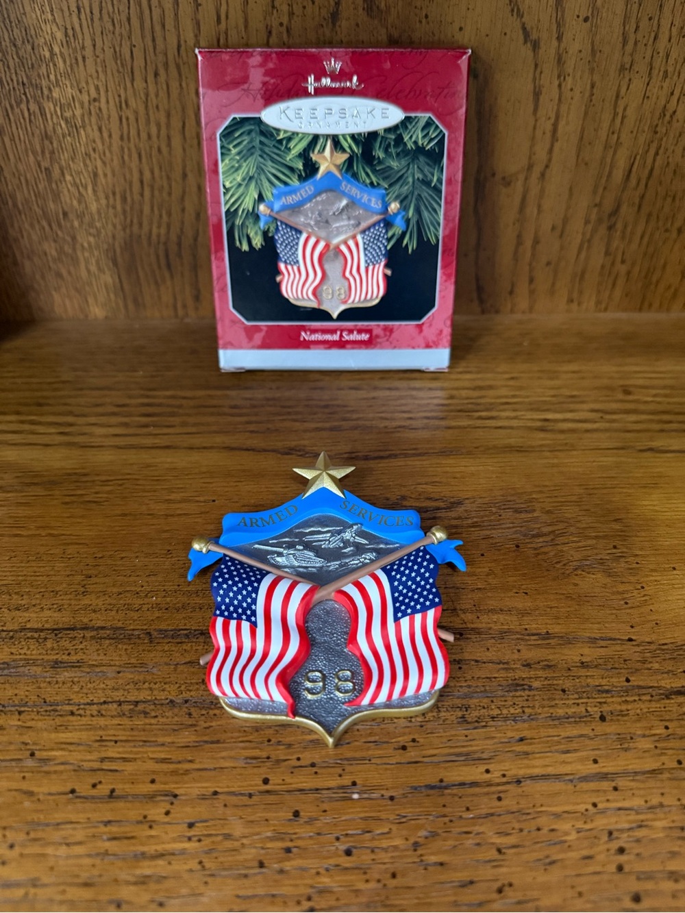 Hallmark patriotic ornament with red, blue, white and gold accents